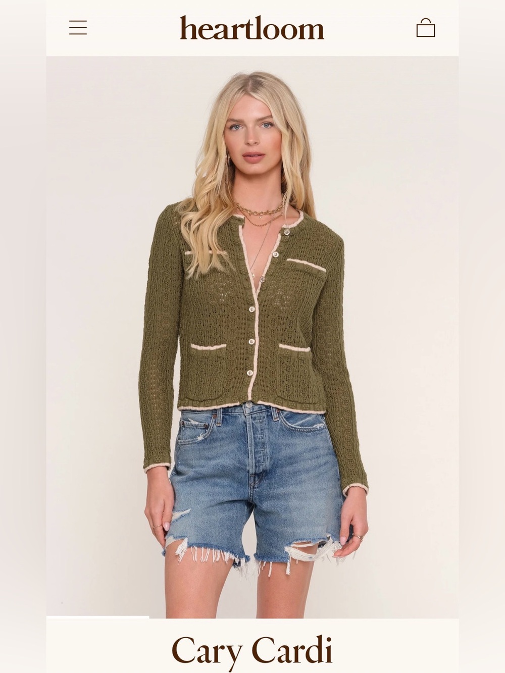 Heartloom Cary Cardi - Olive Knit Cardigan with Cream Trim